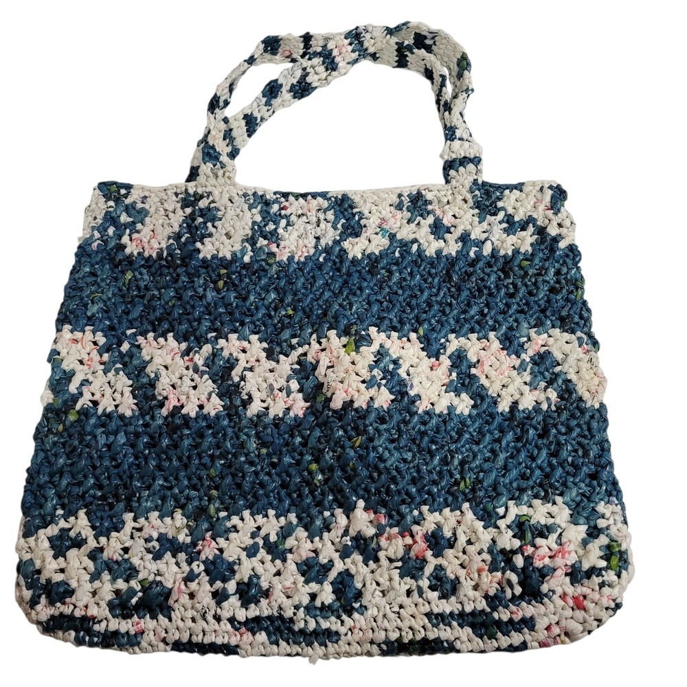 Handmade Crocheted Shopping Bag Recycled Plastic Grocery Bags 19"x17" Upcycle